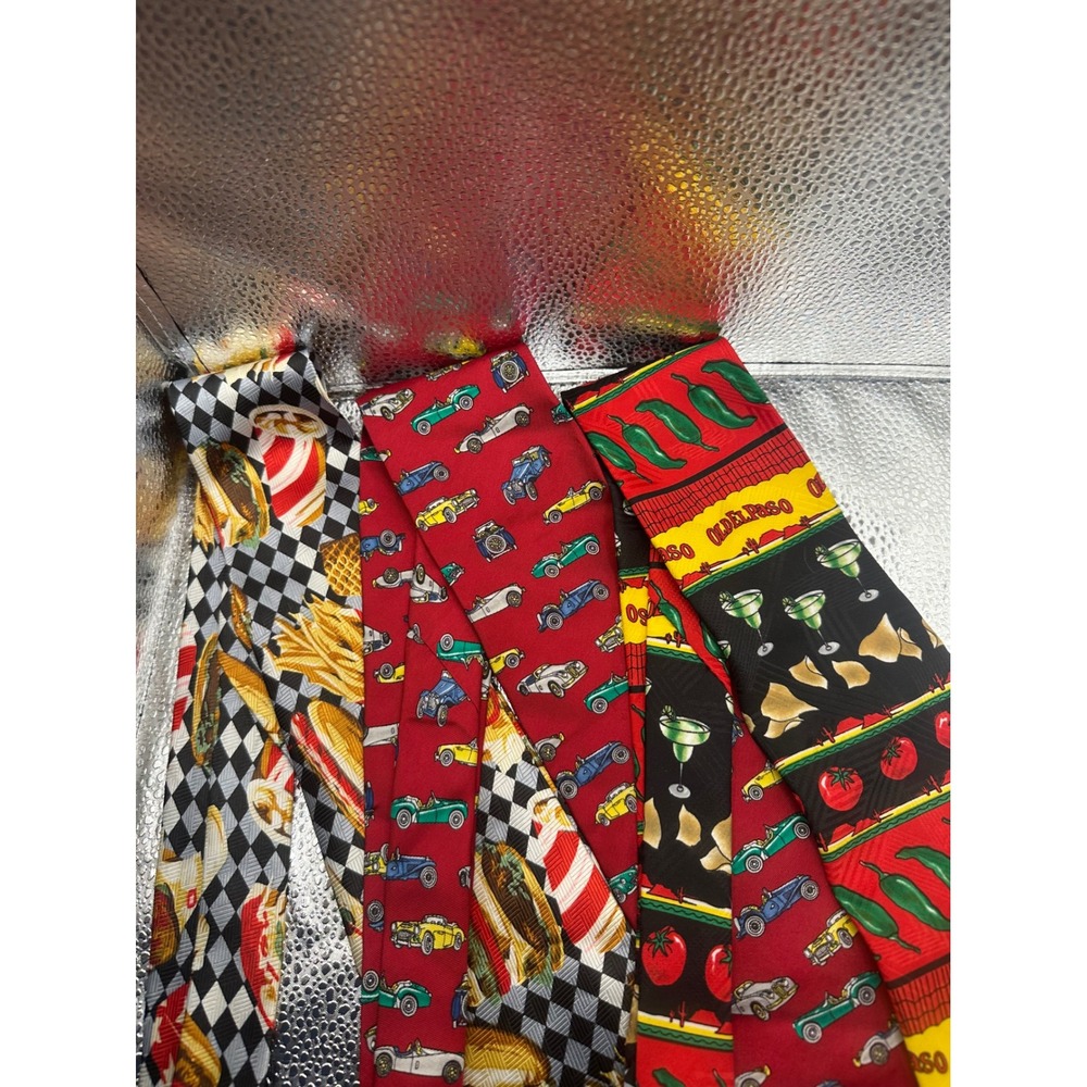 Vintage Novelty Tie Lot Old El Paso Salsa Alynn Race Car Burger Fries Kitsch 3pc